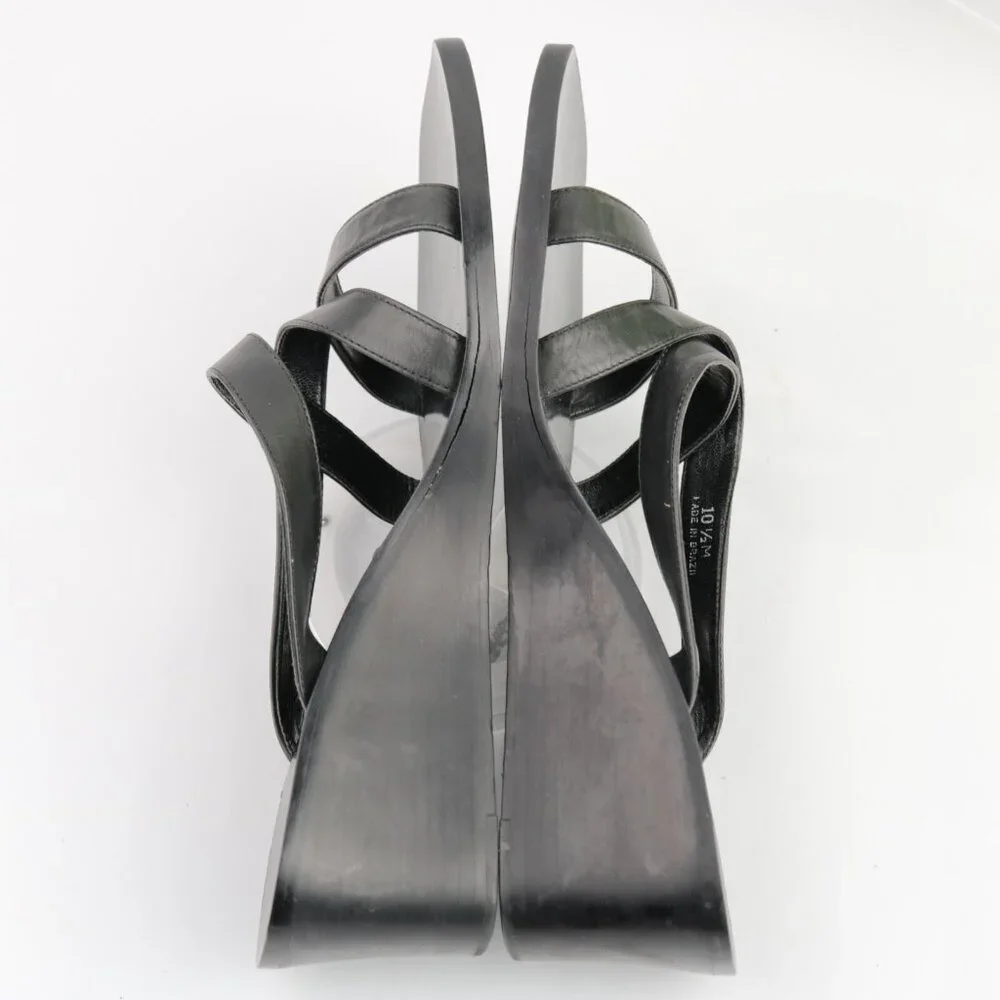 Ann Taylor Womens Sandals Size 10.5 Black Leather Strappy Slide Mule Wedge Heels